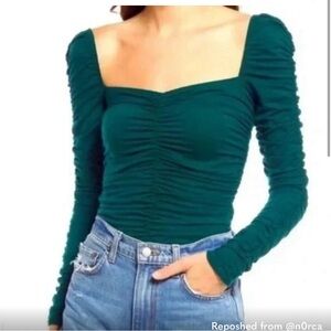 Reformation Esra Emerald Green Queen Anne Ruched Knit Top Size M